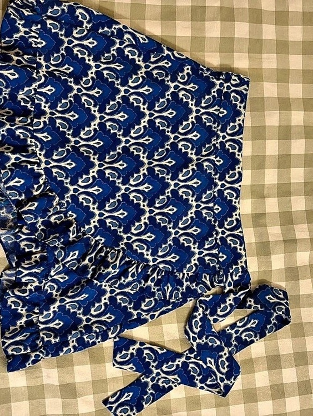 Zara High-Waisted Ruffle Shorts with Tie Belt, Blue Ikat Print, Size S